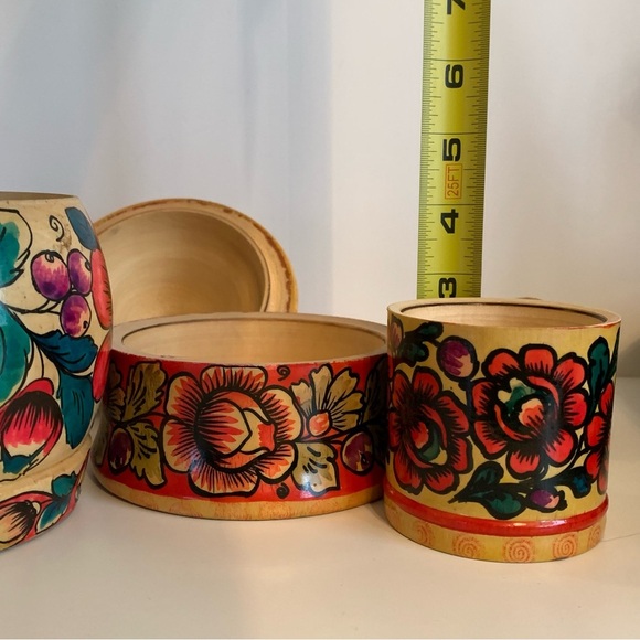 VTG Lot Russian USSR Wooden Folk Art Vase Canister Jar Lids Painted Marked READ - Picture 16 of 16